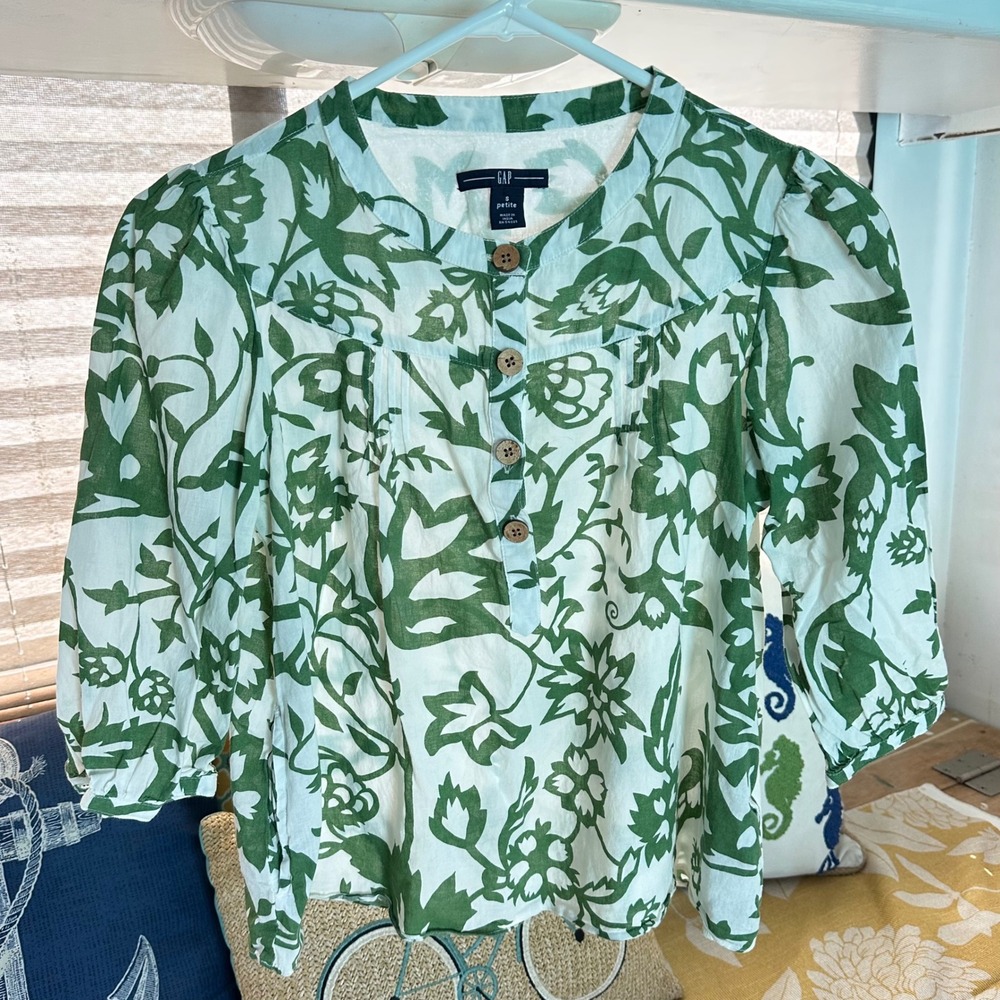 Summer Chic Blouse Gap Small P Green White Floral Block Print Cotton Puff Sleeve